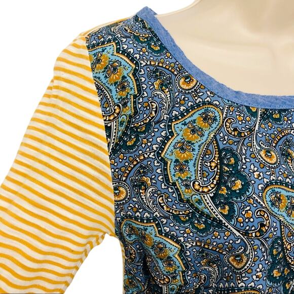 Y2k Anthropologie Postage Stamp Mix Media Popover Top Yellow Blue Paisley Print - Picture 4 of 16